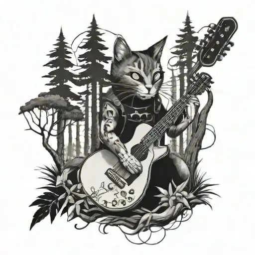 A surreal tattoo design of a cat playing a guitar in a mystical forest setting, with hidden elements of video game controllers and hiking trails intertwined in the background tattoo design idea