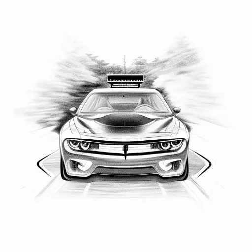 A driver racing a hellcat car with flames trailing behind tattoo design idea