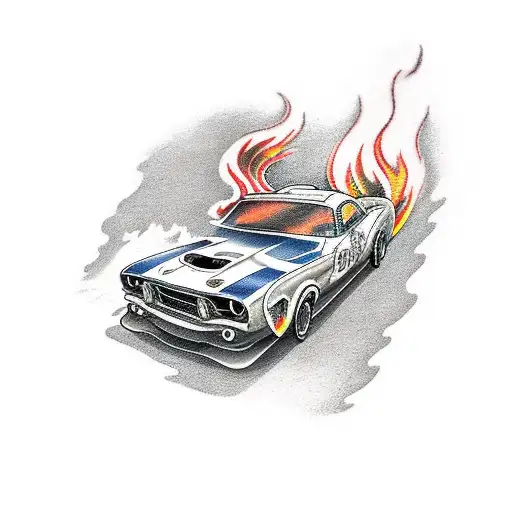A driver racing a hellcat car with flames trailing behind tattoo design idea