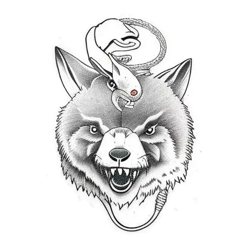 A rabbit, A Bear, A Wolf, a Giant Squid and a Cobra entangled together tattoo design idea