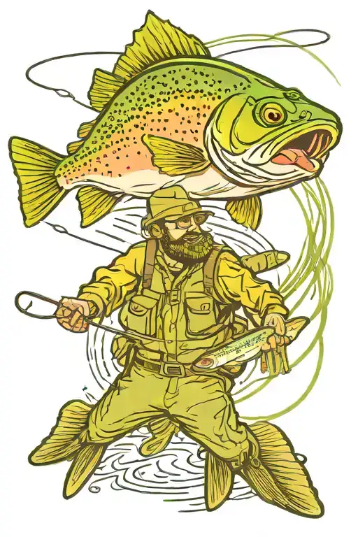 rainbow trout jumping on a fly line with fisher man in back ground  tattoo design idea