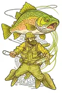rainbow trout jumping on a fly line with fisher man in back ground  tattoo design idea