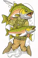 rainbow trout jumping on a fly line with fisher man in back ground  tattoo design idea