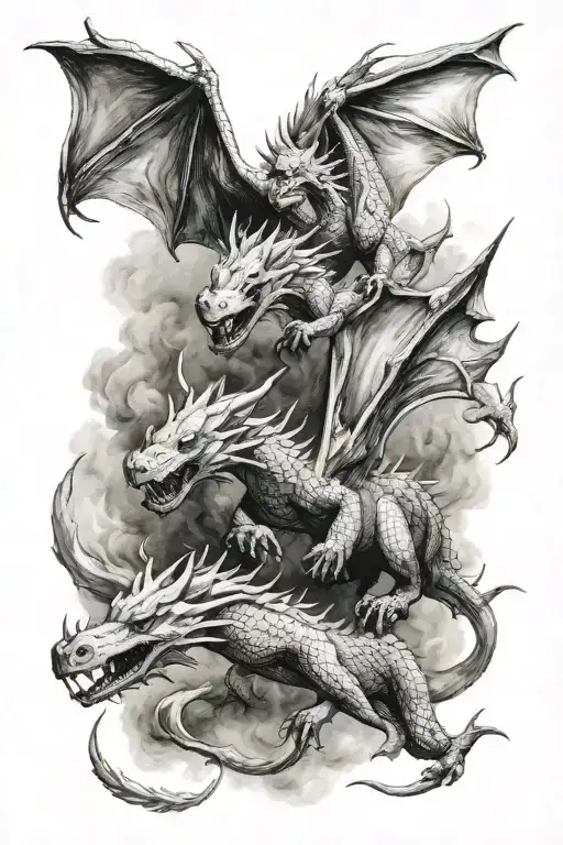 three dragons flying together tattoo design idea