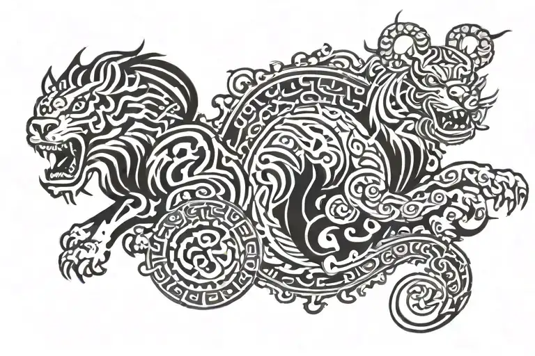 chinese zodiac dog, tiger and goat on a chinese dragon   tattoo design idea