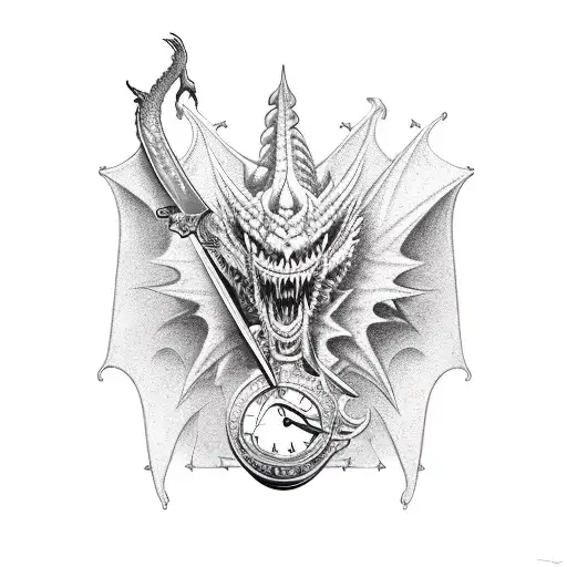 card on a sword and a tall clock with a dragon tattoo design idea