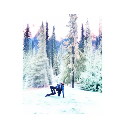 a man with a backpack stands backwards in the middle of the forest, pushes the branches apart and mountains are visible  tattoo design idea