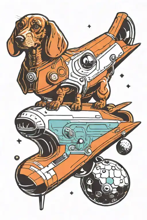 A golf club morphing into a futuristic spaceship with a dachshund astronaut inside, surrounded by engineering marvels in space tattoo design idea