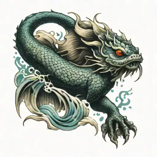The entire area should be covered in dragon skin texture. I want two Japanese fish jumping out of the water on both the  tattoo design idea