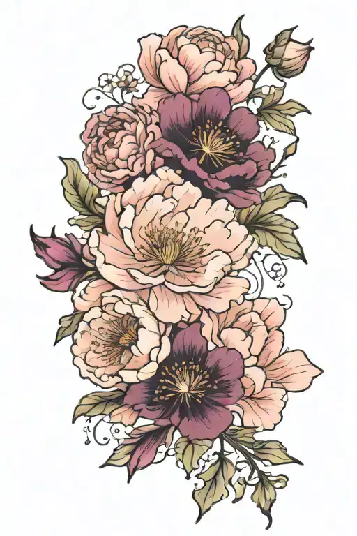 peony, cosmos, violet, poppy, and gladiolus flower tattoo design idea