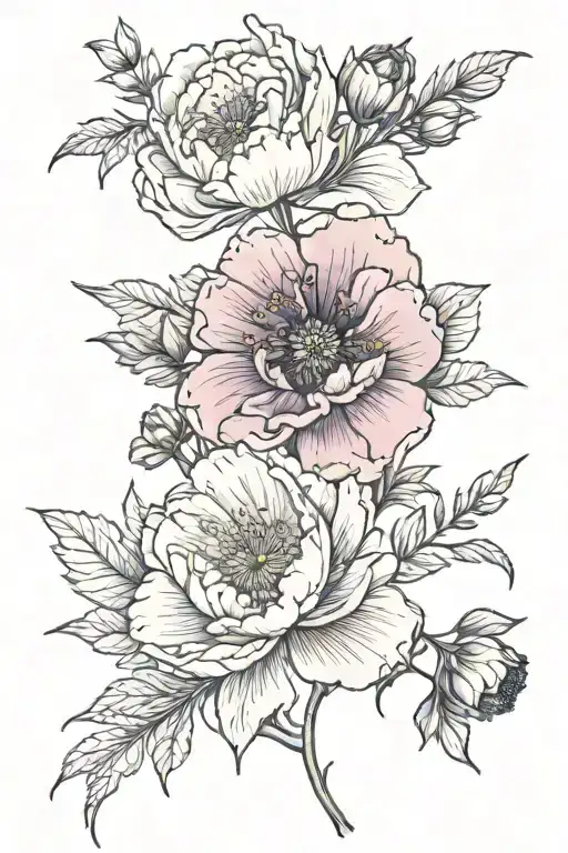 peony, cosmos, violet, poppy, and gladiolus flowers tattoo design idea