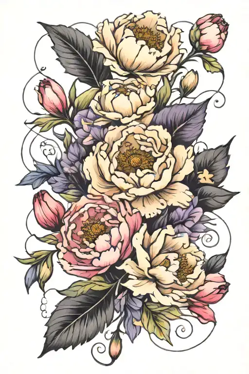peony, cosmos, violet, poppy, and gladiolus flowers tattoo design idea