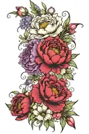 peony, cosmos, violet, poppy, and gladiolus flowers tattoo design idea