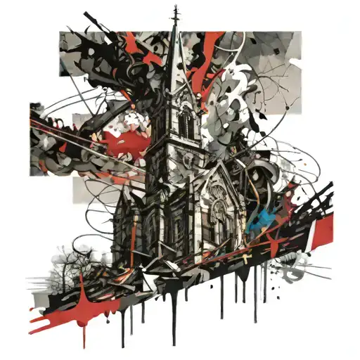 burning church steeple reaching towards tattoo design idea