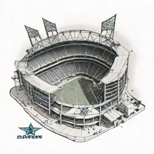 A detailed black and grey tattoo of a Dallas Cowboys stadium scene with a unique perspective tattoo design idea
