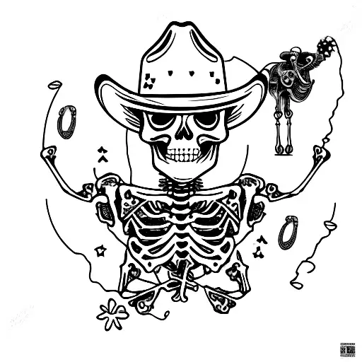 Cowboy skeleton with godly presence resting in the desert in the style of Brigz Tattoos tattoo design idea