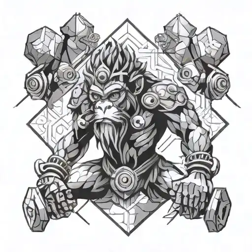 monkey king with dumbbells and water motif tattoo design idea