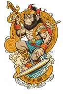 monkey king surfing and with dumbbells and traditional Chinese staff weapon tattoo design idea