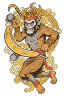 monkey king surfing and with dumbbells and traditional Chinese staff weapon tattoo design idea