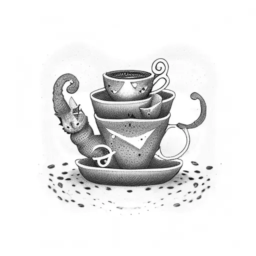 A dotwork tattoo of a rock band made up of cats playing various instruments, with coffee cups and musical notes floating around them tattoo design idea
