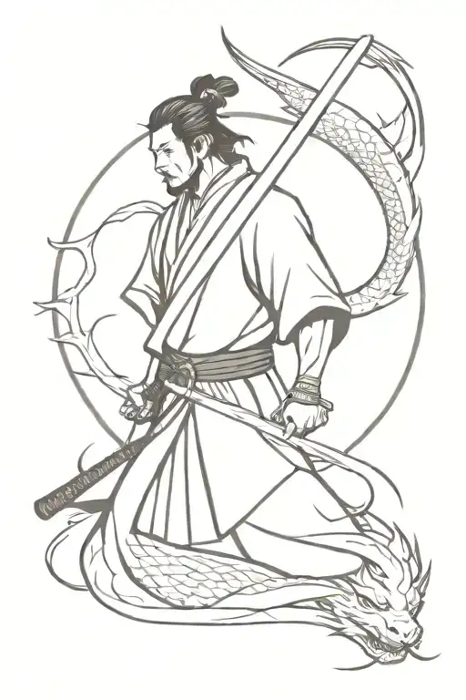 Samurai with katana and dragon and sun tattoo design idea