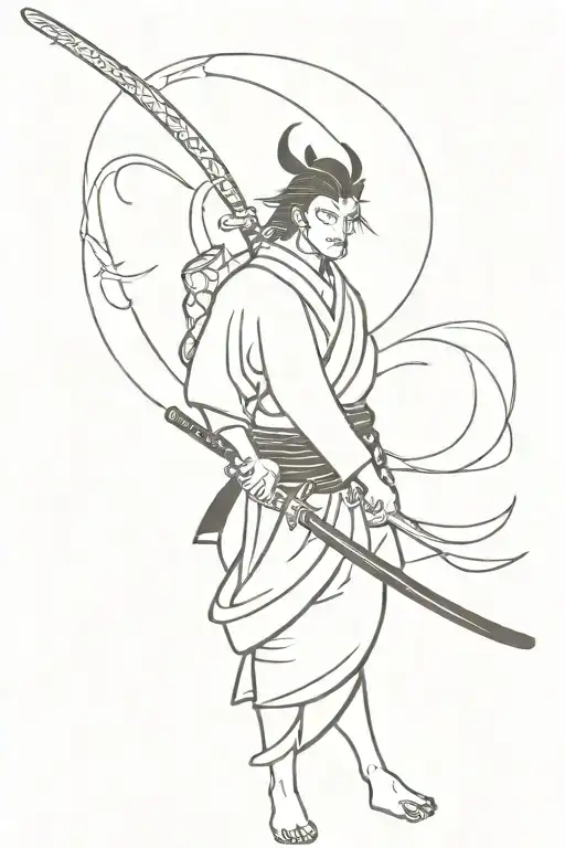 Samurai with katana and dragon and sun tattoo design idea