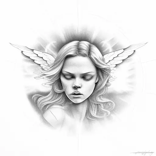 angel in the middle sun on top and clouds in the background  tattoo design idea