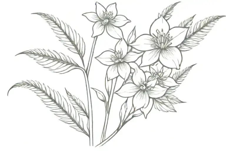narcissus flower, carp fish, fern leaf tattoo design idea