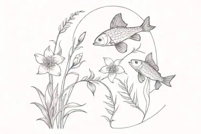 narcissus flowerfern, fern lea, carp fish transforming tattoo design idea