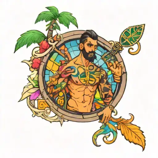 A tattoo on the man's left shoulder and chest depicts a trance party in Goa inside a 3D window with vivid colors. tattoo design idea