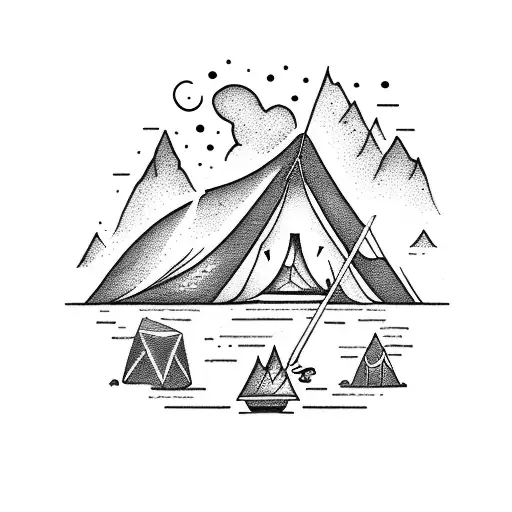 A dotwork tattoo of an artist's palette and paintbrush, intertwined with a tent and mountains, symbolizing the harmonious blend of your passions for art and camping. tattoo design idea