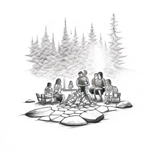 A sketch style tattoo showcasing a serene campfire scene with your family sitting around it, celebrating your love for camping and quality time together. tattoo design idea