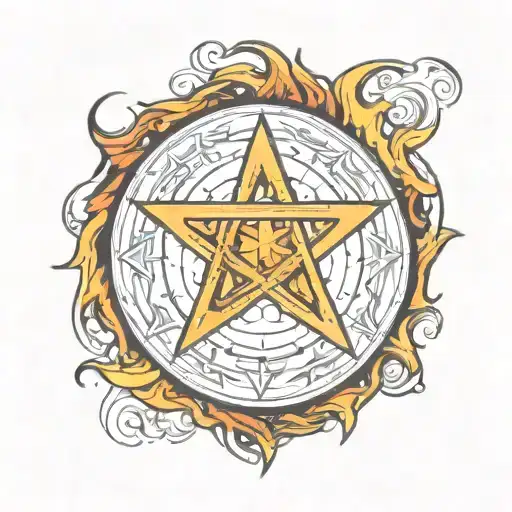Pentagram, flames in a circle around it, empty circle in the middle tattoo design idea