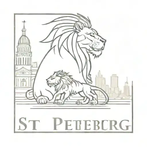 A minimalist tattoo of a lion and a dragon sitting together in front of the iconic St. Petersburg skyline, combining the client's favorite things in a unique way tattoo design idea