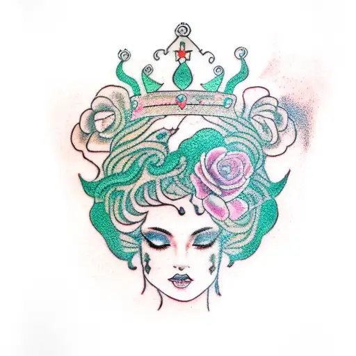 A divine goddess of wilderness and rain, with snake-like hair and a crown of roses, embodying the harmony between nature and beauty. tattoo design idea