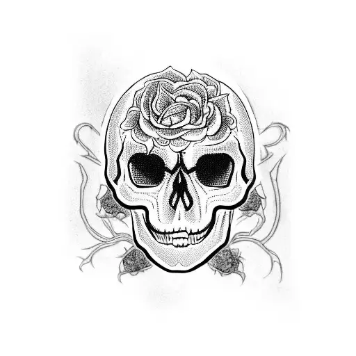 A hauntingly beautiful skull engulfed in swirling blackwork snake patterns, with delicate roses growing amidst the darkness, symbolizing the balance between life and death. tattoo design idea