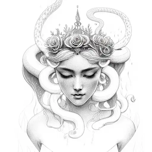 A divine goddess of wilderness and rain, with snake-like hair and a crown of roses, embodying the harmony between nature and beauty. tattoo design idea
