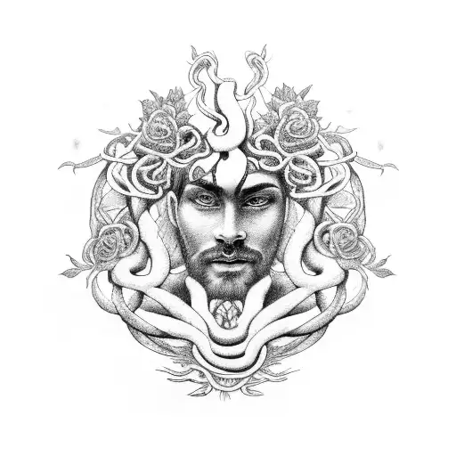 A mystical god of the forest, with snakes coiling around his limbs and roses blooming at his feet, representing the intertwining forces of nature and divinity. tattoo design idea