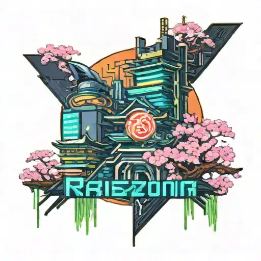 A cyberpunk-inspired tattoo featuring a futuristic cityscape with neon lights and circuit patterns, incorporating elements of Japanese culture such as cherry blossoms and kanji characters tattoo design idea