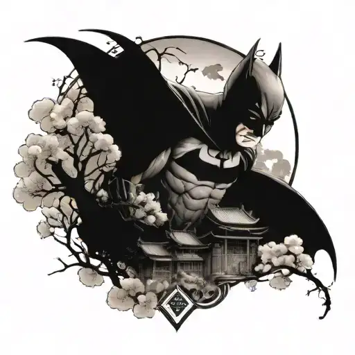 A tattoo of Batman exploring a mystical Japanese landscape filled with sakura trees and traditional architecture, blending your favorite superhero with Japanese culture tattoo design idea