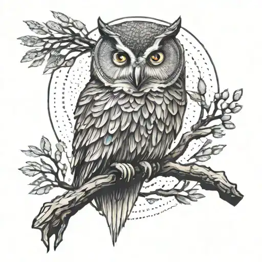 A majestic owl perched on a tree branch, with its wings spread wide and eyes glowing, symbolizing wisdom and protection for the wearer tattoo design idea