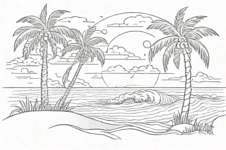 A serene landscape tattoo of a peaceful beach in Texas, with palm trees swaying in the wind and waves gently crashing on the shore tattoo design idea