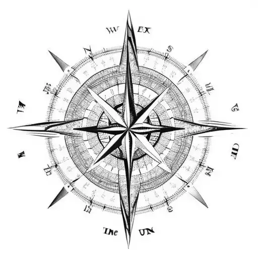 A compass rose blended with mountain peaks and a wave pattern. Picture the compass and mountains in shades of blue and g tattoo design idea