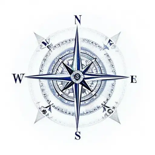 A compass rose blended with mountain peaks and a wave pattern. Picture the compass and mountains in shades of blue and g tattoo design idea