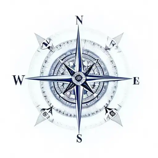 A compass rose blended with mountain peaks and a wave pattern. Picture the compass and mountains in shades of blue and g tattoo design idea