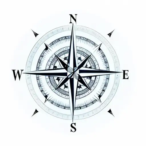 A compass rose blended with mountain peaks and a wave pattern. Picture the compass and mountains in shades of blue and g tattoo design idea