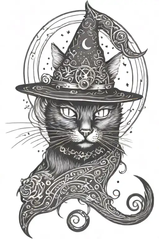 black cat with witches hat and crescent moon surrounded tattoo design idea