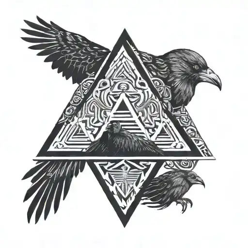 Scandinavian pattern and valknut and crows with open hood turned tattoo design idea