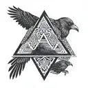 Scandinavian pattern and valknut and crows with open hood turned tattoo design idea