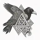 Scandinavian pattern and valknut and crows with open hood turned tattoo design idea